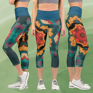 Retro Mandala Blue Orange and Red Capri Leggings