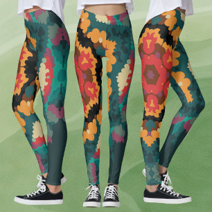 Retro Mandala Blue Orange and Red Leggings