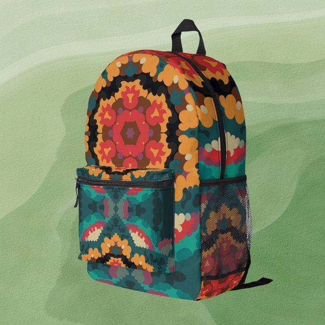 Retro Mandala Blue Orange and Red Printed Backpack (Creator Uploaded)