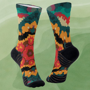 Retro Mandala Blue Orange and Red Socks