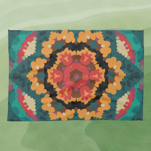 Retro Mandala Blue Orange and Red Tea Towel