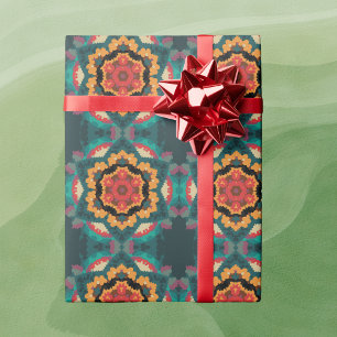 Retro Mandala Blue Orange and Red Wrapping Paper