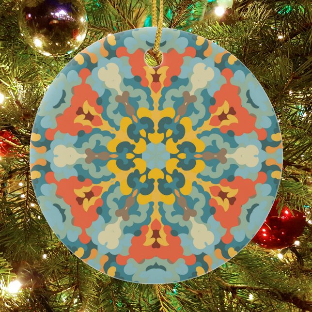 Retro Mandala Blue Orange and Yellow Ceramic Tree Decoration (Blue Orange and Yellow Retro Mandala Christmas Ornament from Wormhole Orbital)