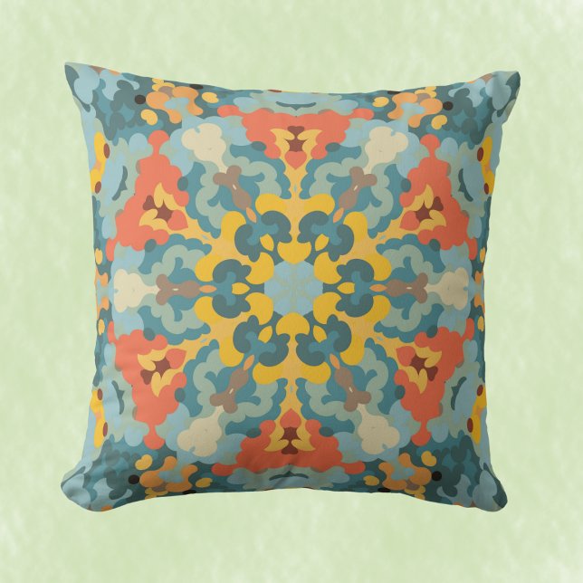 Retro Mandala Blue Orange and Yellow Cushion (Creator Uploaded)