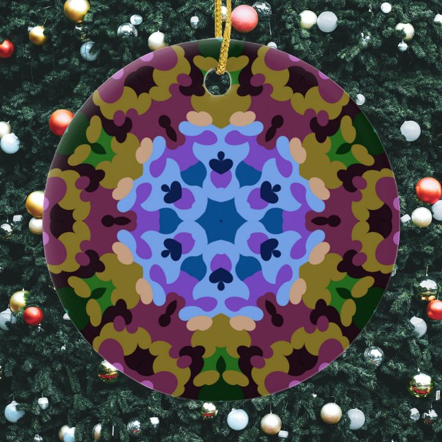 Retro Mandala Blue Purple and Yellow Ceramic Tree Decoration (Blue Purple and Yellow Retro Mandala Ornament by Wormhole Orbital)