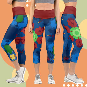 Retro Mandala Blue Red and Green Capri Leggings