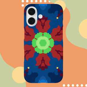 Retro Mandala Blue Red and Green iPhone 16 Case