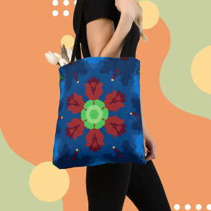 Retro Mandala Blue Red and Green Tote Bag