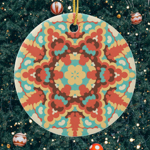 Retro Mandala Blue Red and Yellow Ceramic Tree Decoration