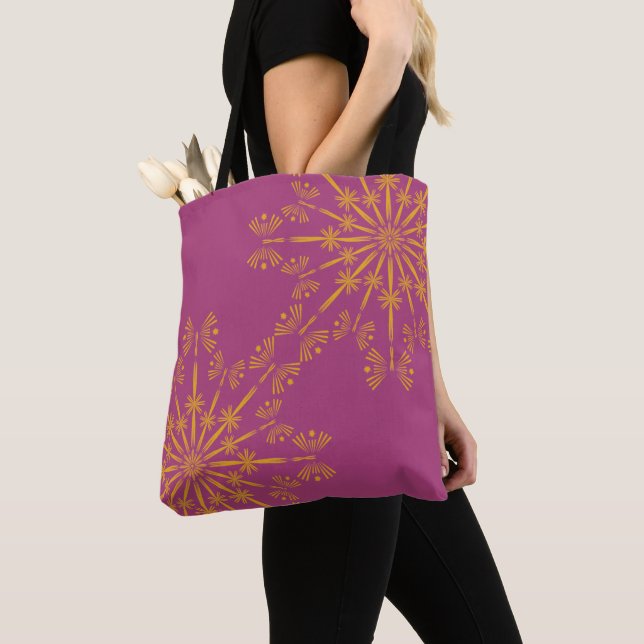 Retro Mandala Boysenberry Shoulder Tote Bag (Close Up)