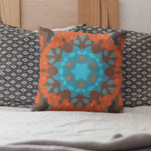 Retro Mandala Flower Blue and Orange Cushion
