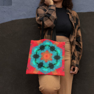 Retro Mandala Flower Blue and Pink Tote Bag