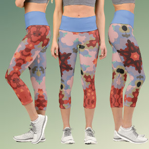 Retro Mandala Flower Blue and Red Capri Leggings