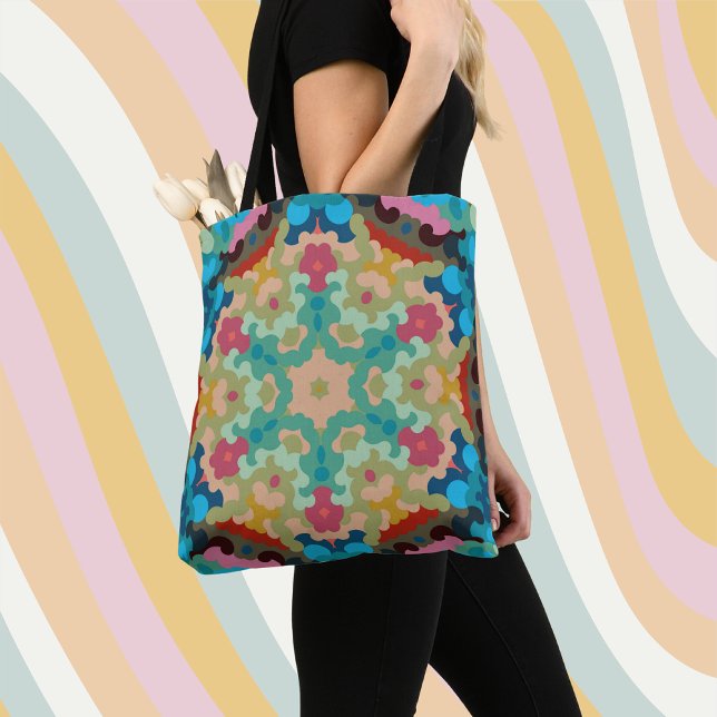Retro Mandala Flower Blue Green and Pink Tote Bag (Creator Uploaded)