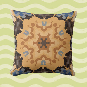 Retro Mandala Flower Blue Orange and Brown Cushion