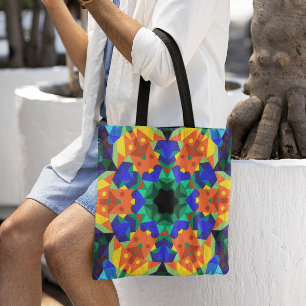 Retro Mandala Flower Blue Orange and Green Tote Bag