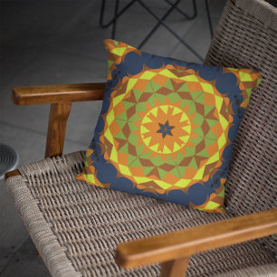 Retro Mandala Flower Blue Orange and Yellow Cushion