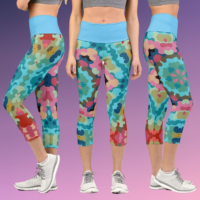 Retro Mandala Flower Blue Pink and Green Capri Leggings (Creator Uploaded)