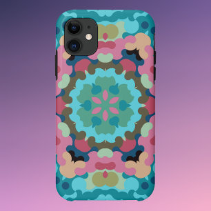 Retro Mandala Flower Blue Pink and Green iPhone 11 Case