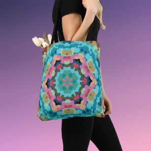 Retro Mandala Flower Blue Pink and Green Tote Bag