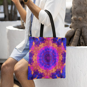 Retro Mandala Flower Blue Pink and Orange Tote Bag