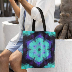 Retro Mandala Flower Blue Purple and Green Tote Bag