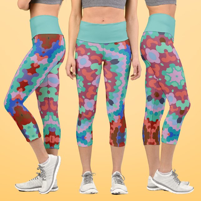 Retro Mandala Flower Blue Red and Teal Capri Leggings (Creator Uploaded)