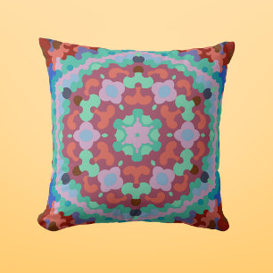 Retro Mandala Flower Blue Red and Teal Cushion