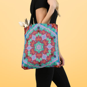 Retro Mandala Flower Blue Red and Teal Tote Bag