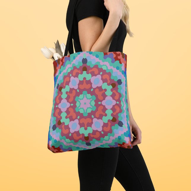 Retro Mandala Flower Blue Red and Teal Tote Bag (Creator Uploaded)