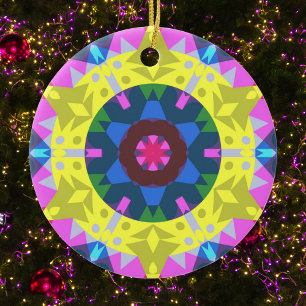 Retro Mandala Flower Blue Yellow and Pink Ceramic Tree Decoration