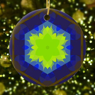 Retro Mandala Flower Green and Blue Ceramic Tree Decoration