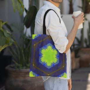 Retro Mandala Flower Green and Blue Tote Bag