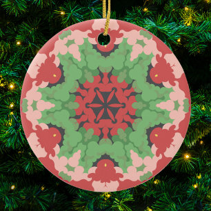 Retro Mandala Flower Green and Red Ceramic Tree Decoration