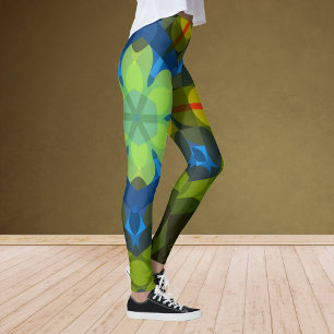 Retro Mandala Flower Green Blue and Orange Leggings