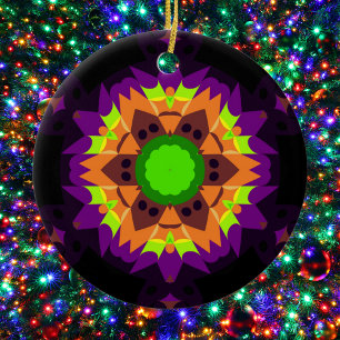 Retro Mandala Flower Green Orange and Purple Ceramic Tree Decoration