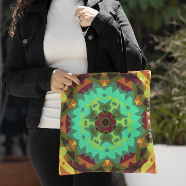 Retro Mandala Flower Green Purple and Orange Tote Bag (Creator Uploaded)