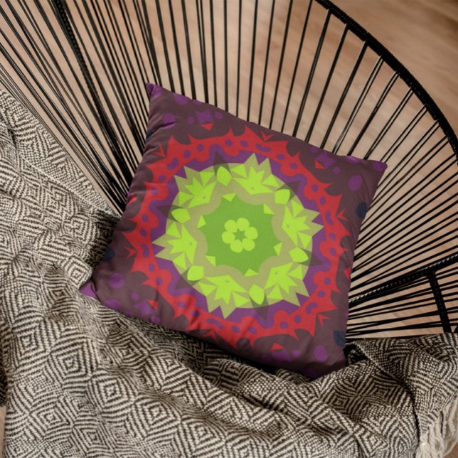 Retro Mandala Flower Green Red and Purple Cushion (Creator Uploaded)