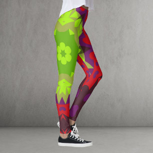 Retro Mandala Flower Green Red and Purple Leggings