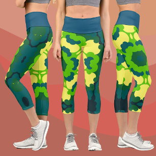 Retro Mandala Flower Green Yellow and Blue Capri Leggings