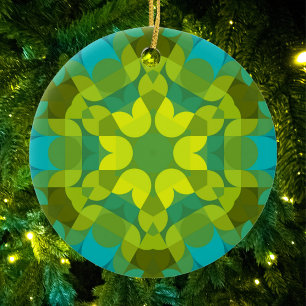 Retro Mandala Flower Green Yellow and Blue Ceramic Tree Decoration