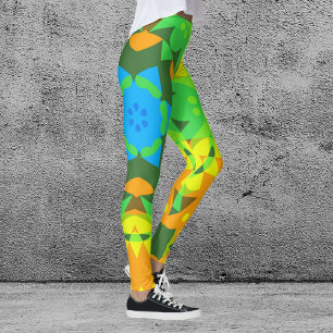 Retro Mandala Flower Green Yellow and Blue Leggings