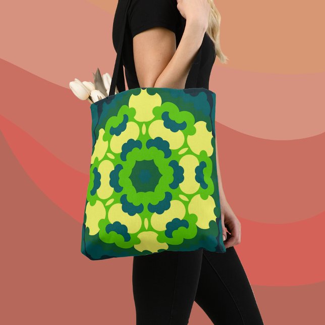Retro Mandala Flower Green Yellow and Blue Tote Bag (Creator Uploaded)