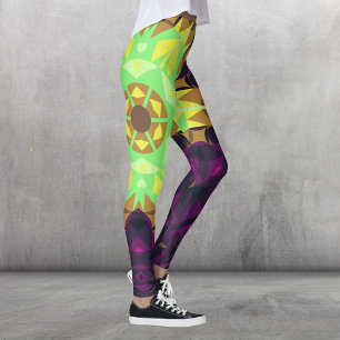 Retro Mandala Flower Green Yellow and Purple Leggings