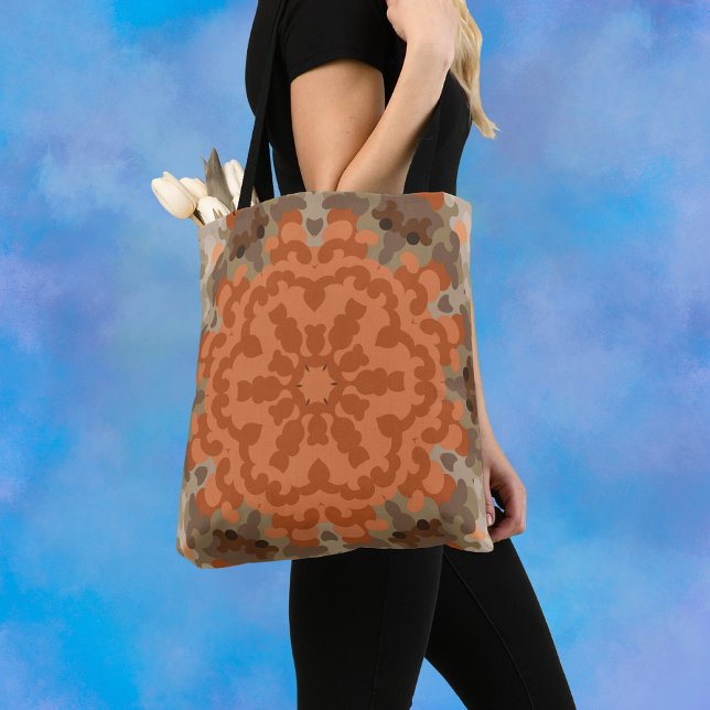 Retro Mandala Flower Orange and Tan Tote Bag (Creator Uploaded)