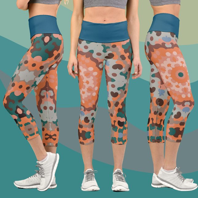 Retro Mandala Flower Orange Blue and Brown Capri Leggings (Creator Uploaded)