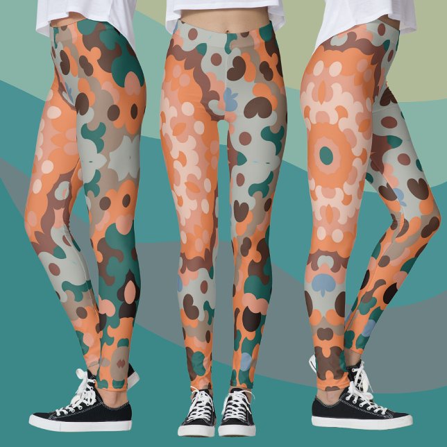 Retro Mandala Flower Orange Blue and Brown Leggings (Creator Uploaded)