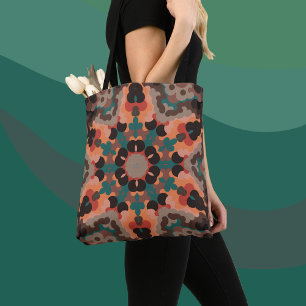 Retro Mandala Flower Orange Blue and Brown Tote Bag