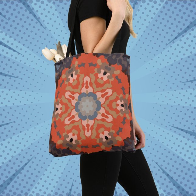 Retro Mandala Flower Orange Blue and Tan Tote Bag (Creator Uploaded)
