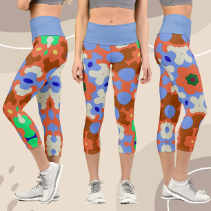 Retro Mandala Flower Orange Blue and Yellow Capri Leggings